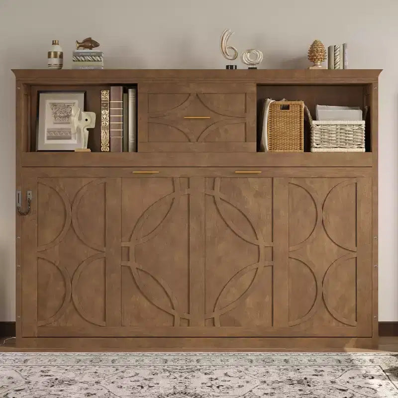 Twin Size Murphy Bed with Storage Shelves, Wooden Twin Cabinet Bed Wall Bed with Charging Station and Drawer, Folding Wall Chest Bed for Guest Room