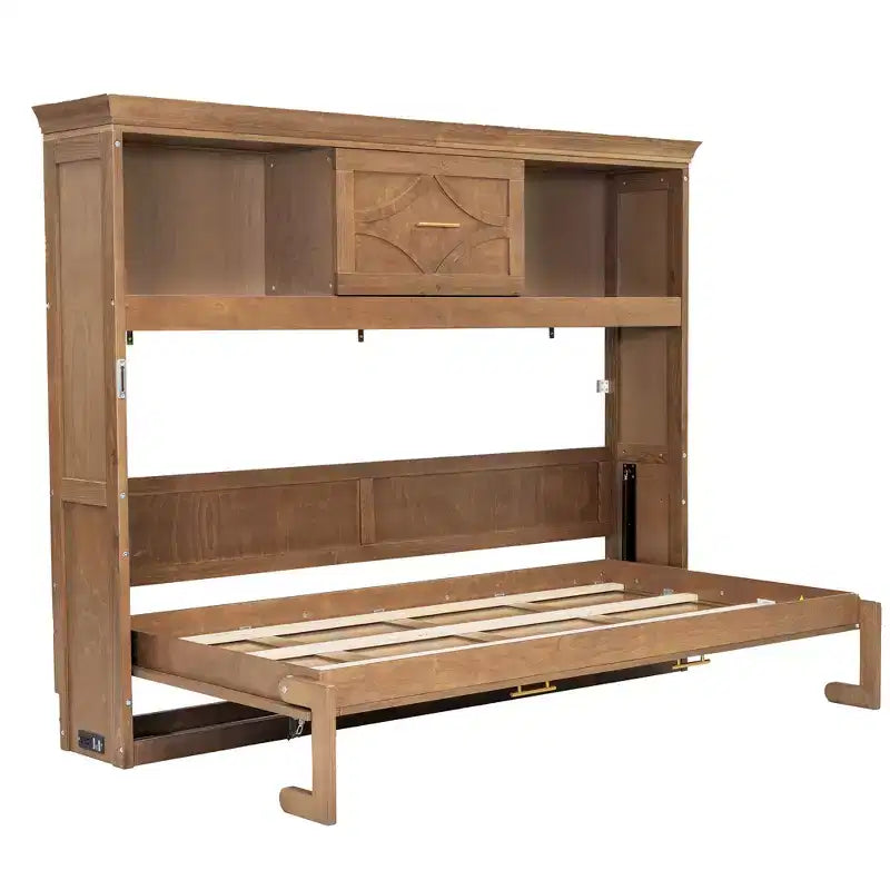 Twin Size Murphy Bed with Storage Shelves, Wooden Twin Cabinet Bed Wall Bed with Charging Station and Drawer, Folding Wall Chest Bed for Guest Room