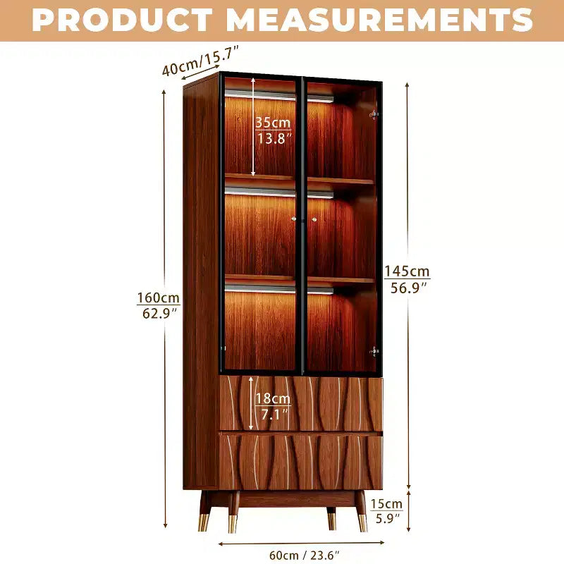 23.6" Walnut Brown 3-Tier Glass Display Cabinet with Drawers, Mid-Century Modern Wooden China Cabinet for Home & Office