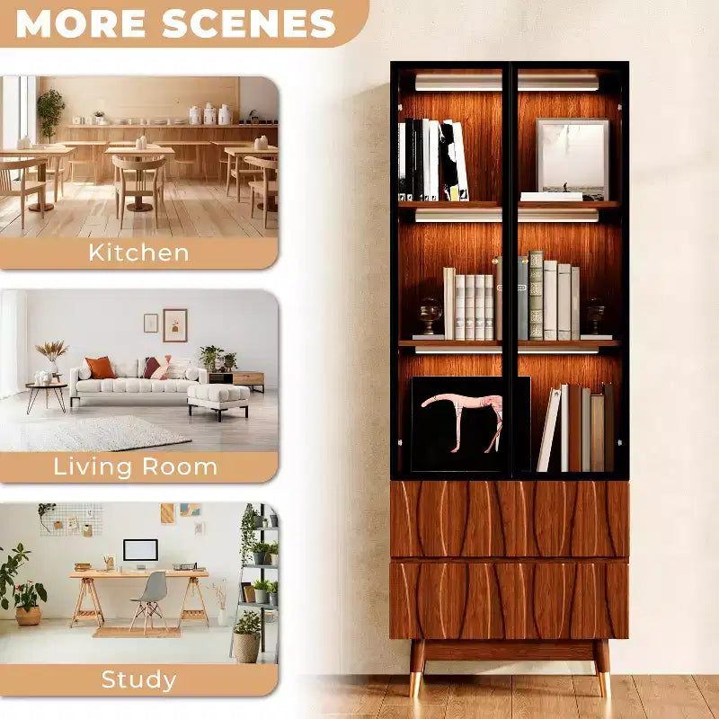23.6" Walnut Brown 3-Tier Glass Display Cabinet with Drawers, Mid-Century Modern Wooden China Cabinet for Home & Office