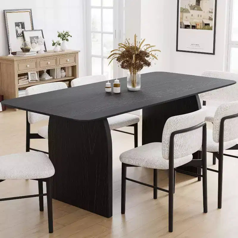 67"x33.5" Farmhouse Dining Table, Solid Wood with Arched Legs & Black Wood Top for Dining Room & Kitchen