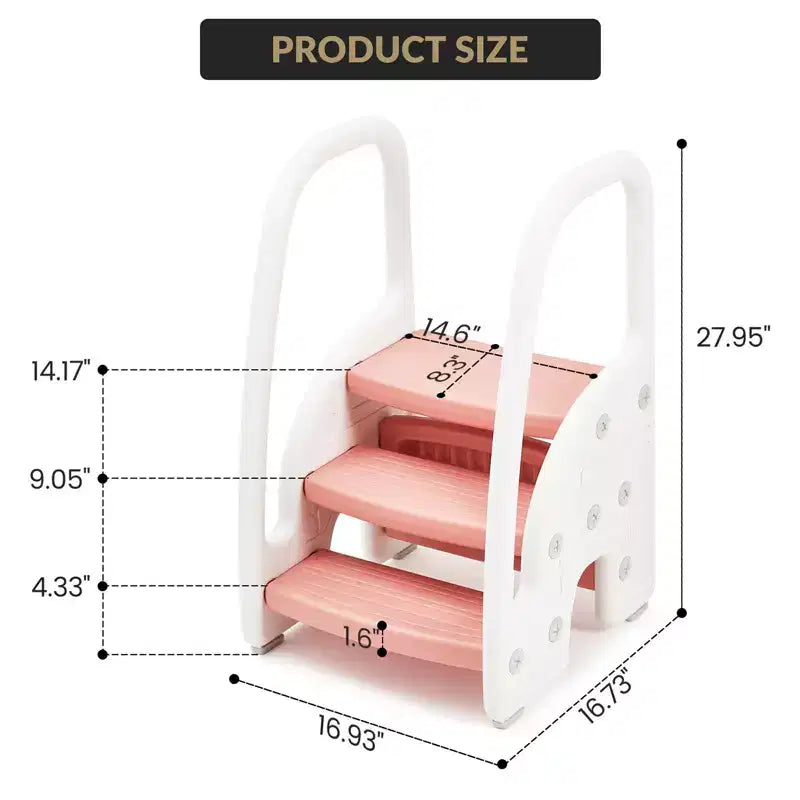 Toddler Step Stool for Independence - 3-Step Learning Stool with Handles & Non-Slip Pads for Sink, Toilet & Kitchen, Easy-Clean Plastic (Pink)