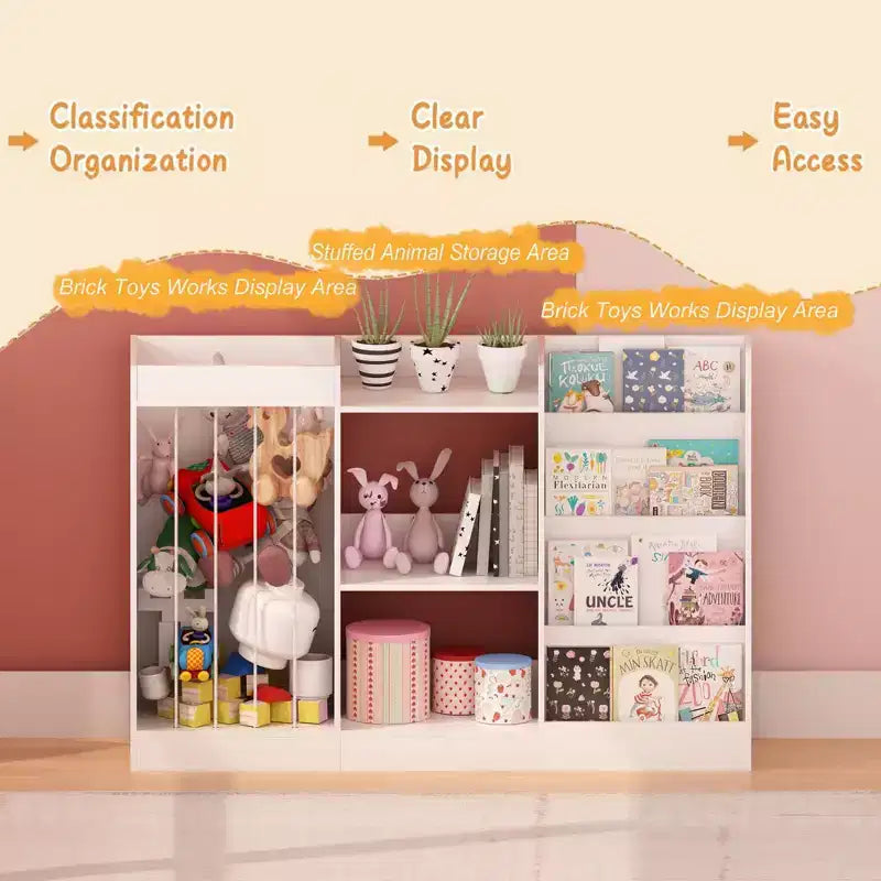 Kids Bookshelf and Toy Storage Organizer, Front-Facing 4-Tier Book Display with 3-Tier Toy Shelf and Stuffed Animal Storage, White