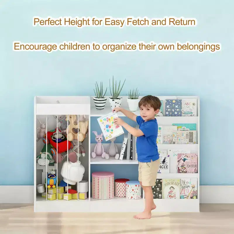 Kids Bookshelf and Toy Storage Organizer, Front-Facing 4-Tier Book Display with 3-Tier Toy Shelf and Stuffed Animal Storage, White