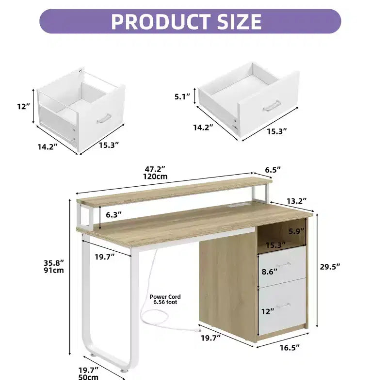 Modern White and Oak Office Desk with Storage Cabinet and Shelves, Gaming Computer Table with LED Light and Charging Station