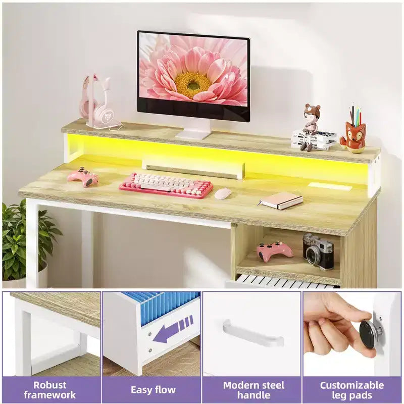 Modern White and Oak Office Desk with Storage Cabinet and Shelves, Gaming Computer Table with LED Light and Charging Station