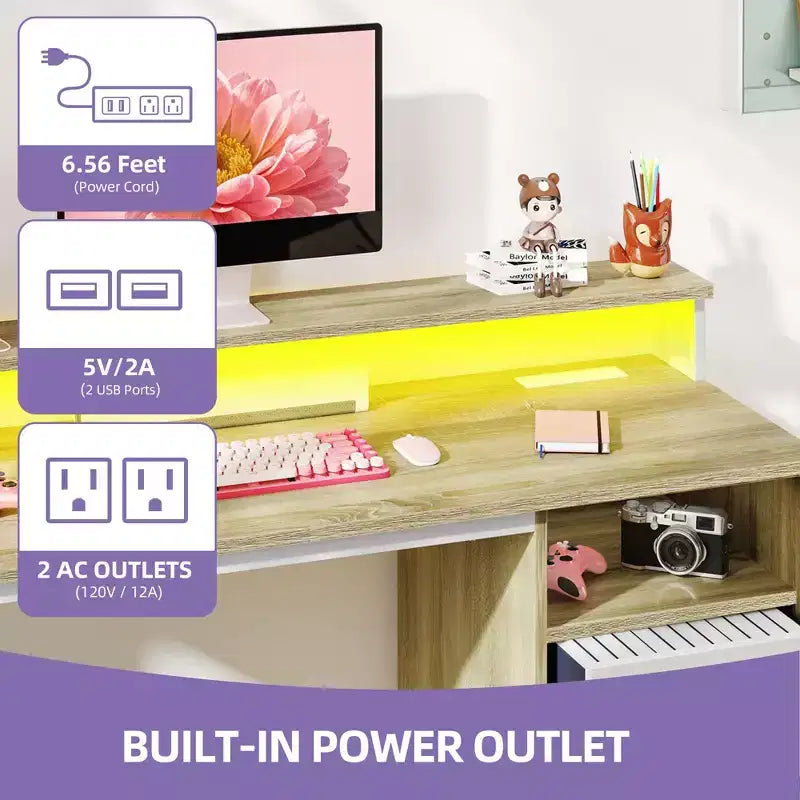Modern White and Oak Office Desk with Storage Cabinet and Shelves, Gaming Computer Table with LED Light and Charging Station