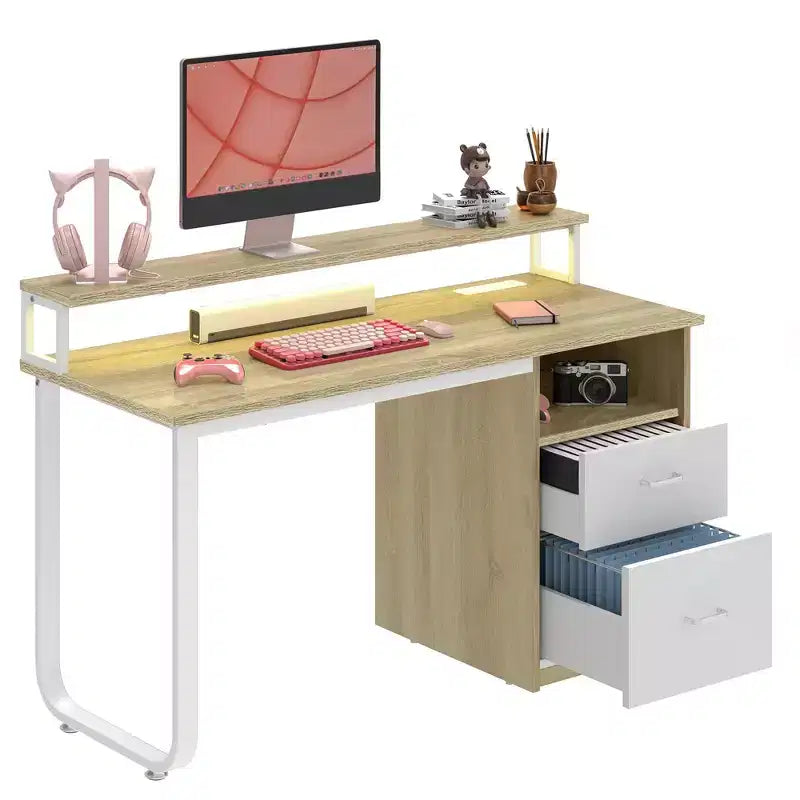 Modern White and Oak Office Desk with Storage Cabinet and Shelves, Gaming Computer Table with LED Light and Charging Station