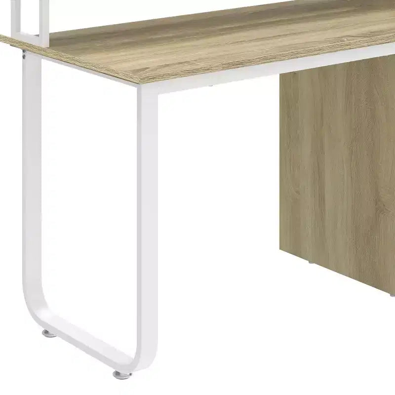 Modern White and Oak Office Desk with Storage Cabinet and Shelves, Gaming Computer Table with LED Light and Charging Station