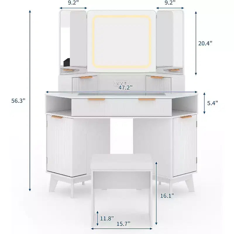 Corner Makeup Vanity Desk with HD Triple Mirror, Clear Glass Top & Fluted Panels