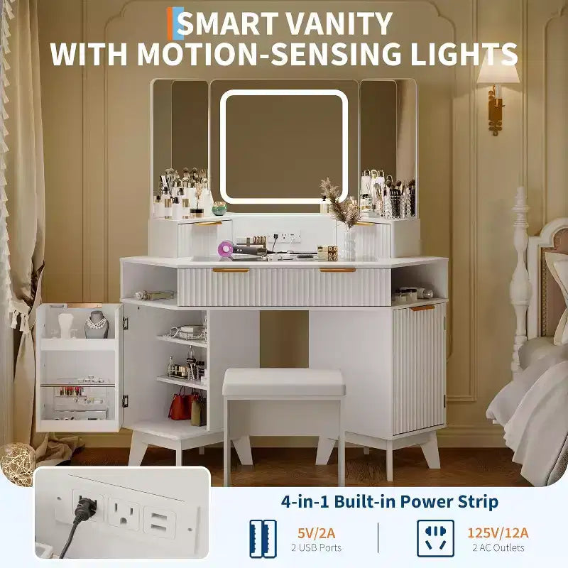 Corner Makeup Vanity Desk with HD Triple Mirror, Clear Glass Top & Fluted Panels