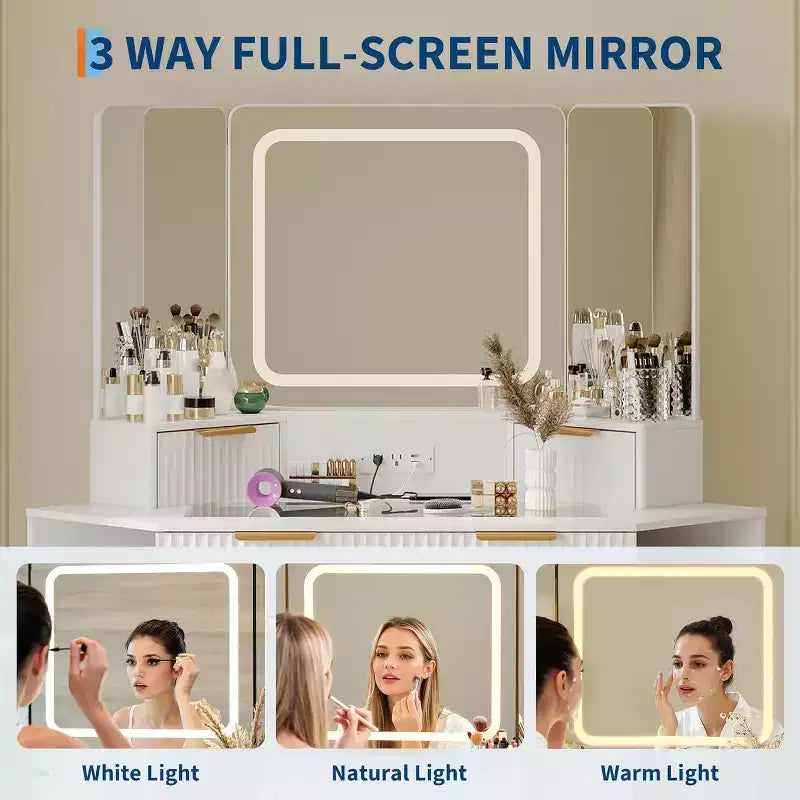 Corner Makeup Vanity Desk with HD Triple Mirror, Clear Glass Top & Fluted Panels