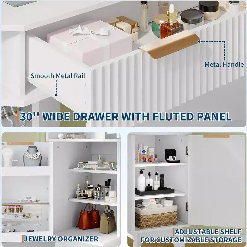 Corner Makeup Vanity Desk with HD Triple Mirror, Clear Glass Top & Fluted Panels