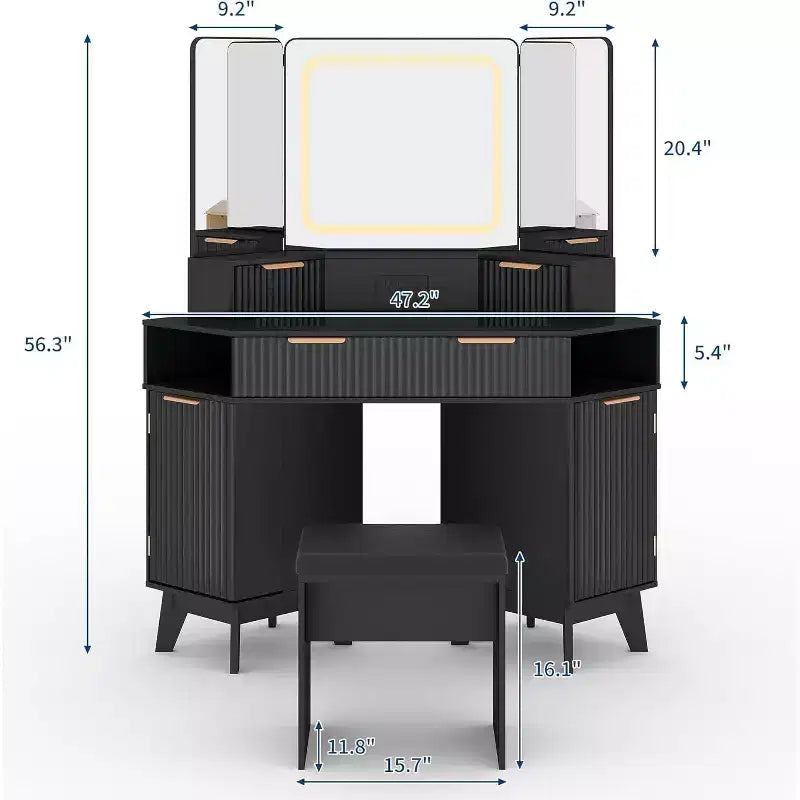 Corner Makeup Vanity Desk with HD Triple Mirror, Clear Glass Top & Fluted Panels