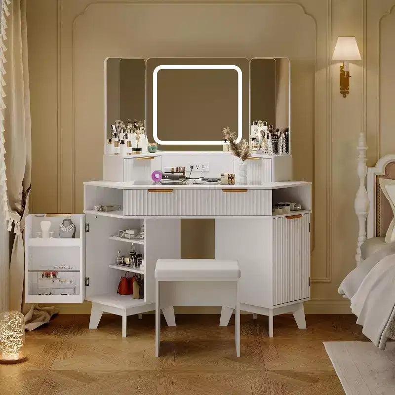 Corner Makeup Vanity Desk with HD Triple Mirror, Clear Glass Top & Fluted Panels