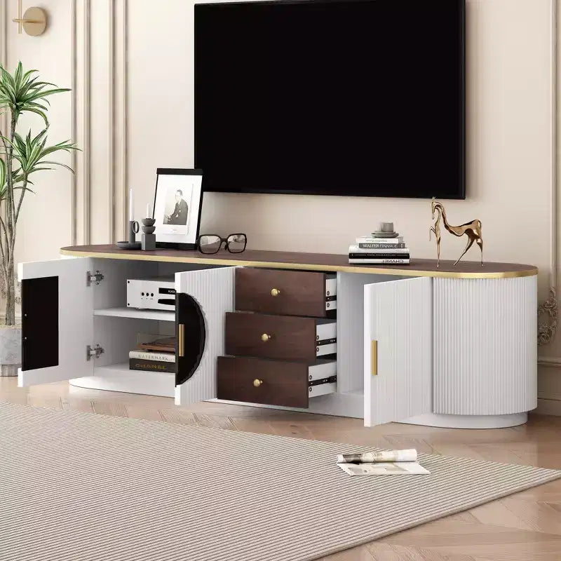 70.8" Modern Minimalist TV Stand, Fits TVs up to 80", 3 Drawers & 1 Shelf, Metal Handles, White