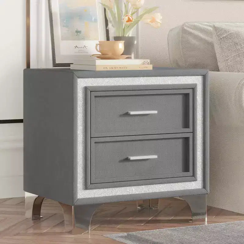 Mid-Century Vintage Nightstand with Silver Glitter Strip Decor, Metal Legs & 2 Drawers, Gray