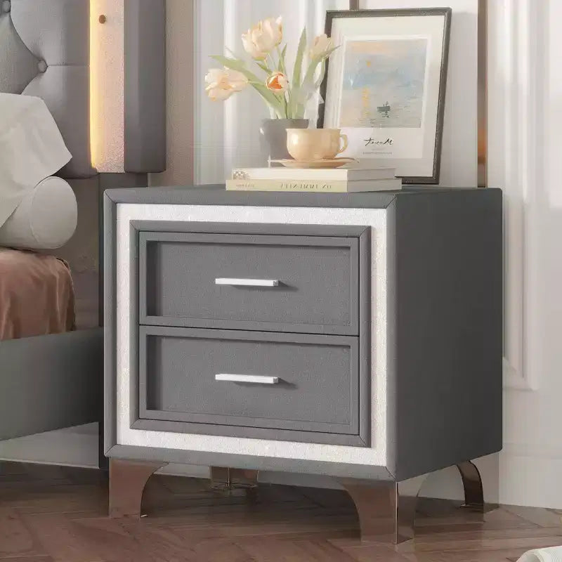 Mid-Century Vintage Nightstand with Silver Glitter Strip Decor, Metal Legs & 2 Drawers, Gray