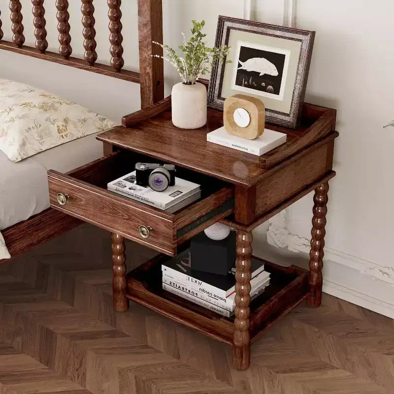 Retro Style Nightstand with Drawer, Open Shelf, Turned Legs & Metal Handle, Walnut