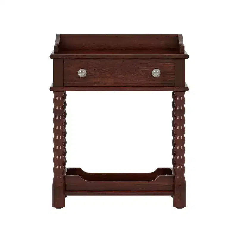 Retro Style Nightstand with Drawer, Open Shelf, Turned Legs & Metal Handle, Walnut