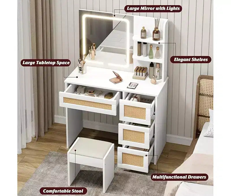 Makeup Vanity Desk with Mirror and Adjustable LED Light, 4 Drawers and 2 Open Shelves, White