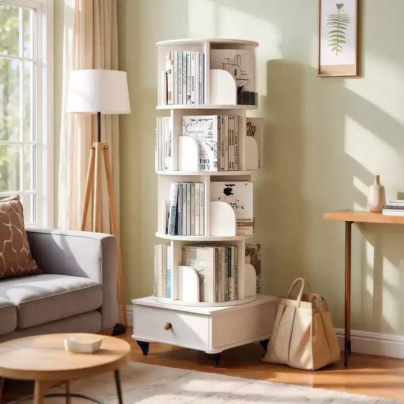 360 Rotating Bookshelf with Storage, Floor-Standing 4-Tier Corner Shelf for Small Spaces, Mobile Bookcase with Wheels for Home Office-Panipeachy