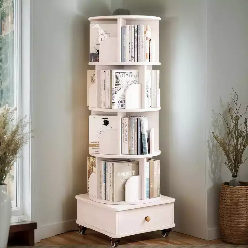 360 Rotating Bookshelf with Storage, Floor-Standing 4-Tier Corner Shelf for Small Spaces, Mobile Bookcase with Wheels for Home Office-Panipeachy