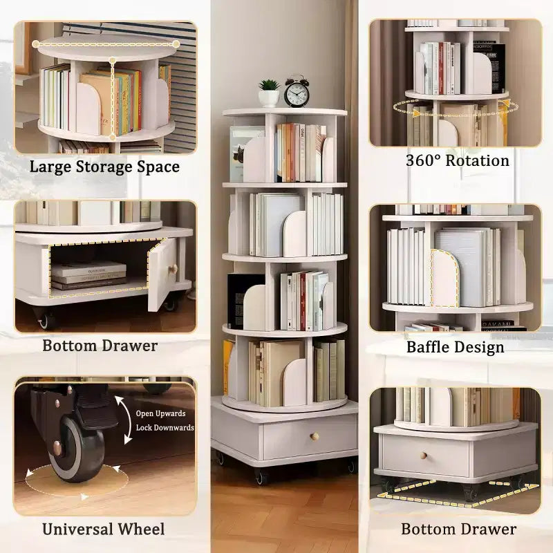 360 Rotating Bookshelf with Storage, Floor-Standing 4-Tier Corner Shelf for Small Spaces, Mobile Bookcase with Wheels for Home Office-Panipeachy
