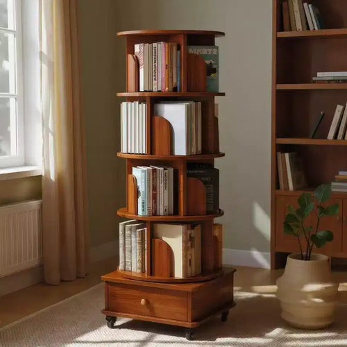 360 Rotating Bookshelf with Storage, Floor-Standing 4-Tier Corner Shelf for Small Spaces, Mobile Bookcase with Wheels for Home Office-Panipeachy