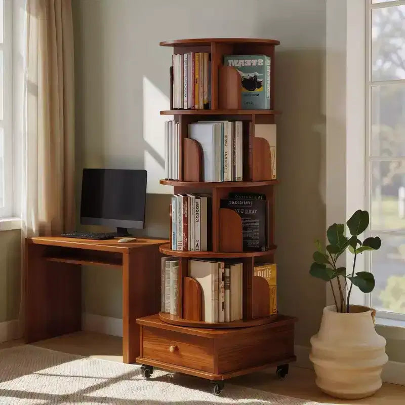 360 Rotating Bookshelf with Storage, Floor-Standing 4-Tier Corner Shelf for Small Spaces, Mobile Bookcase with Wheels for Home Office-Panipeachy