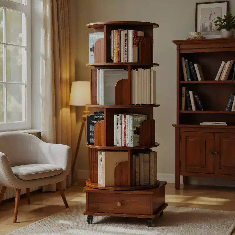 360 Rotating Bookshelf with Storage, Floor-Standing 4-Tier Corner Shelf for Small Spaces, Mobile Bookcase with Wheels for Home Office-Panipeachy