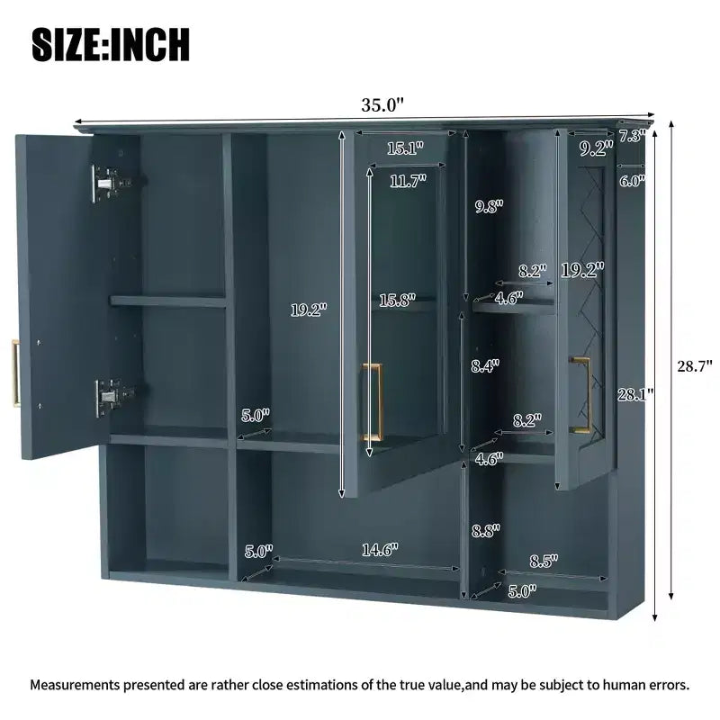 35" Wall Mounted Medicine Cabinet with High-Definition Mirror, 8 Shelves and 3 Doors