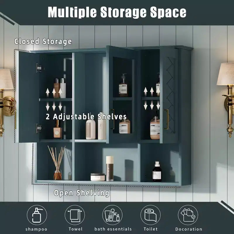 35" Wall Mounted Medicine Cabinet with High-Definition Mirror, 8 Shelves and 3 Doors