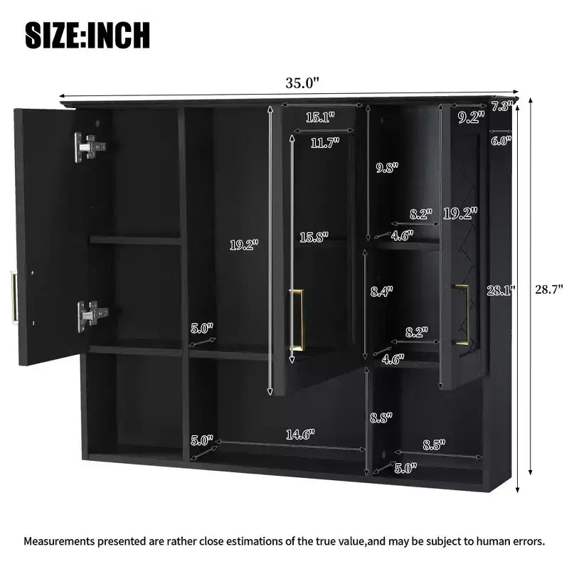 35" Wall Mounted Medicine Cabinet with High-Definition Mirror, 8 Shelves and 3 Doors