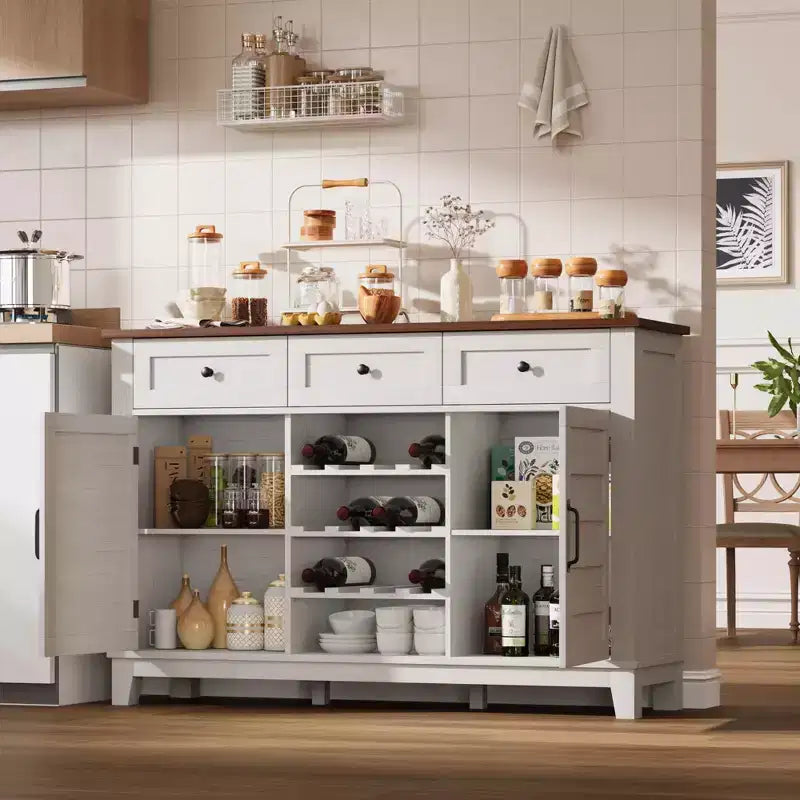53.5 Rustic Wine Bar Cabinet  Buffet with Sliding Door, 3 Drawers, Adjustable Shelf & Removable Wine Rack for Dining Room