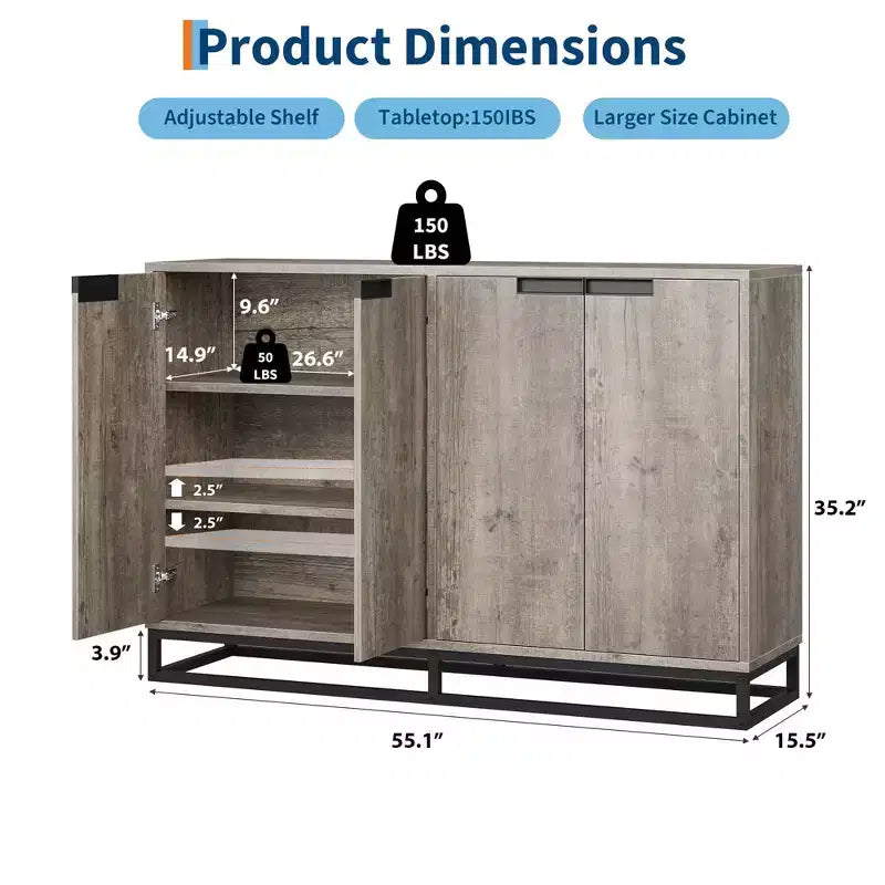 55" Sideboard Buffet Cabinet with Storage, Accent Cabinet with 4 Doors and Adjustable Shelves