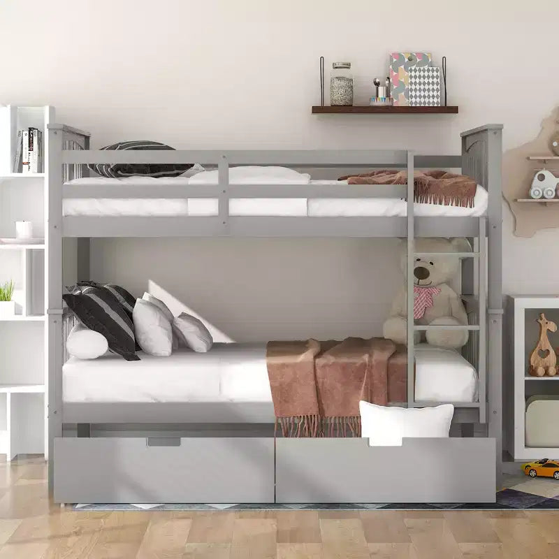 Full Over Full Wood Bunk Bed with 2 Under-Bed Storage Drawers, Sturdy Bed Frame for Bedroom, Gray
