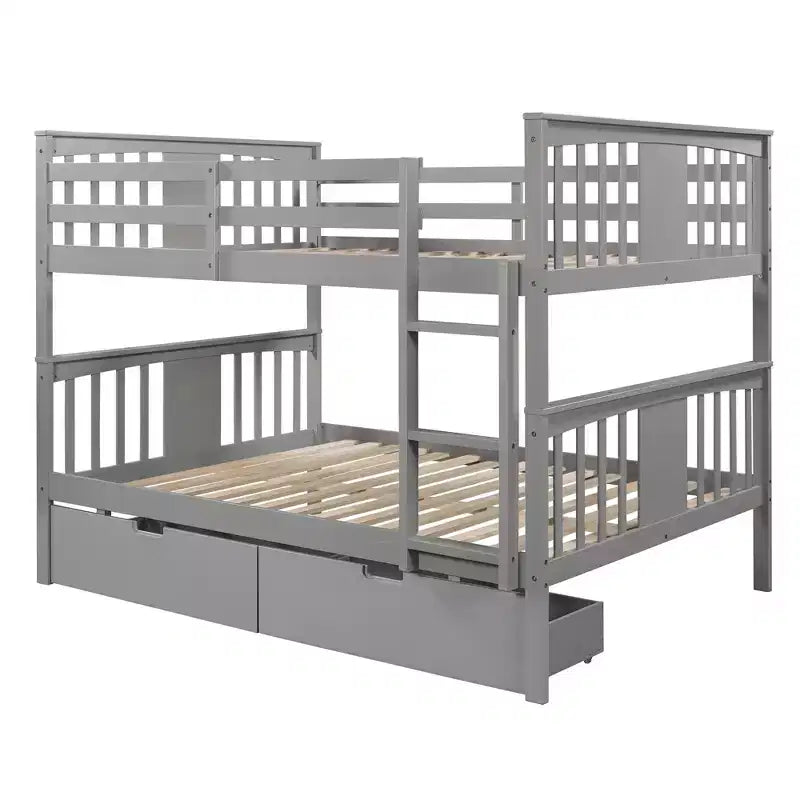 Full Over Full Wood Bunk Bed with 2 Under-Bed Storage Drawers, Sturdy Bed Frame for Bedroom, Gray