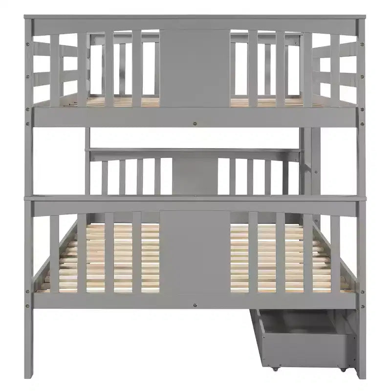 Full Over Full Wood Bunk Bed with 2 Under-Bed Storage Drawers, Sturdy Bed Frame for Bedroom, Gray
