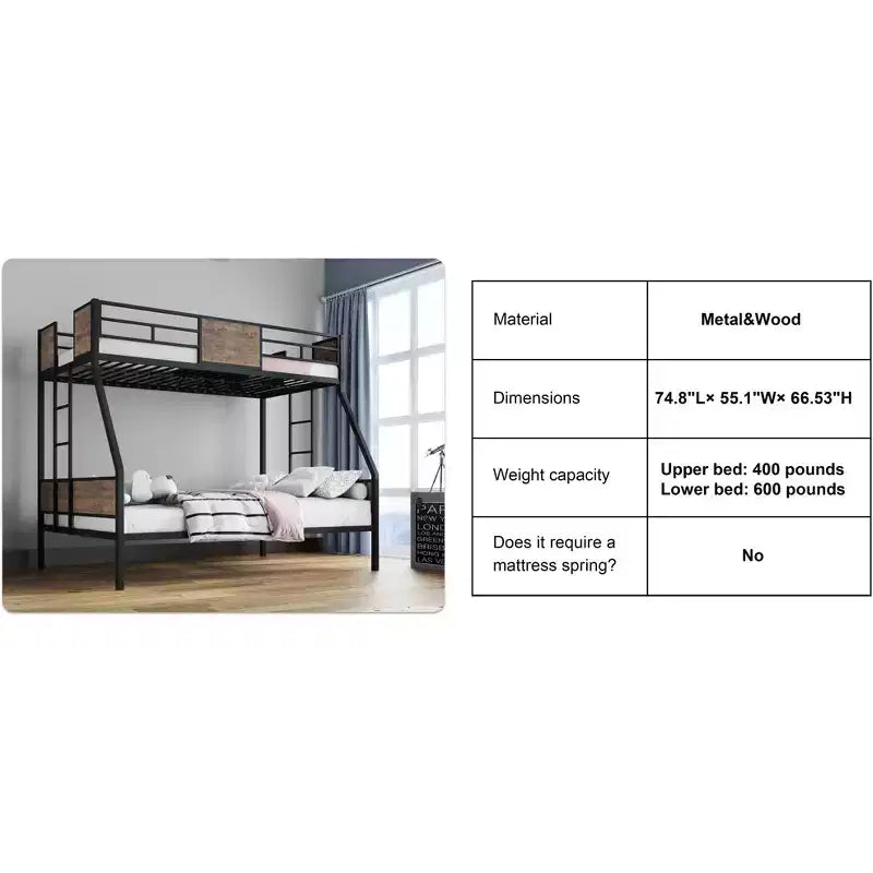Twin Over Full Bunk Beds with 2 Ladders & Safety Guardrail, Metal Bed Frame with Protective Board Supports, Brown