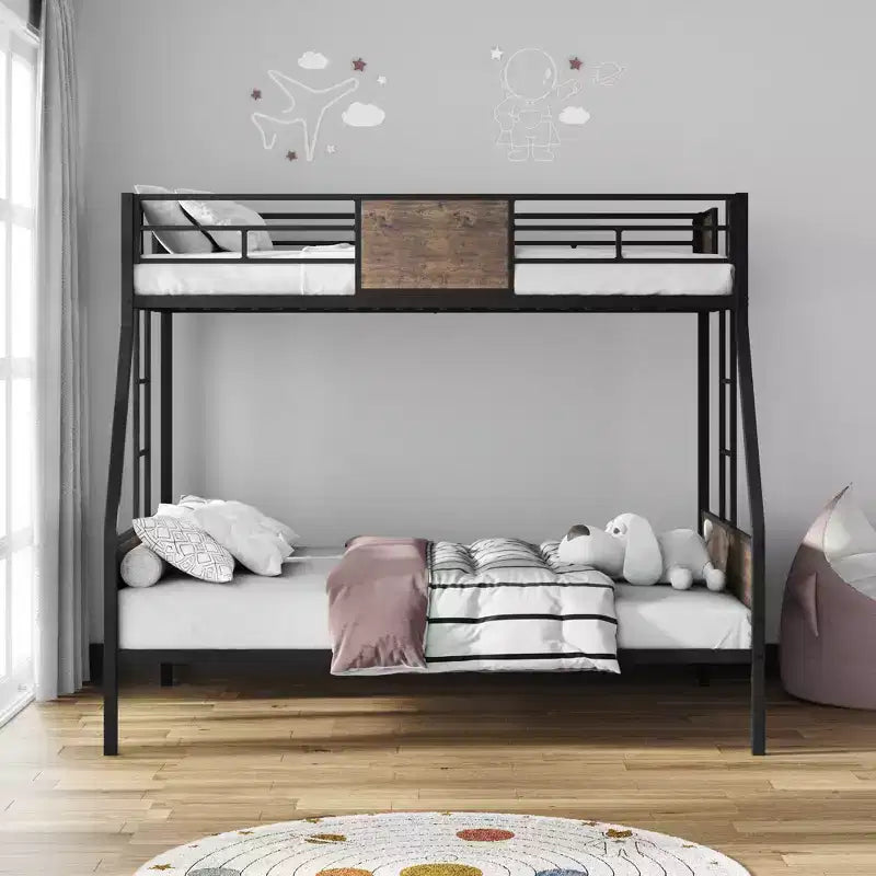 Twin Over Full Bunk Beds with 2 Ladders & Safety Guardrail, Metal Bed Frame with Protective Board Supports, Brown