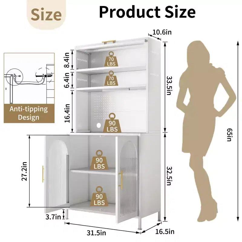 LED-Lit 66" Metal Kitchen Pantry Cabinet, 5-Tier Food Storage with Adjustable Shelves & Hutch Rack