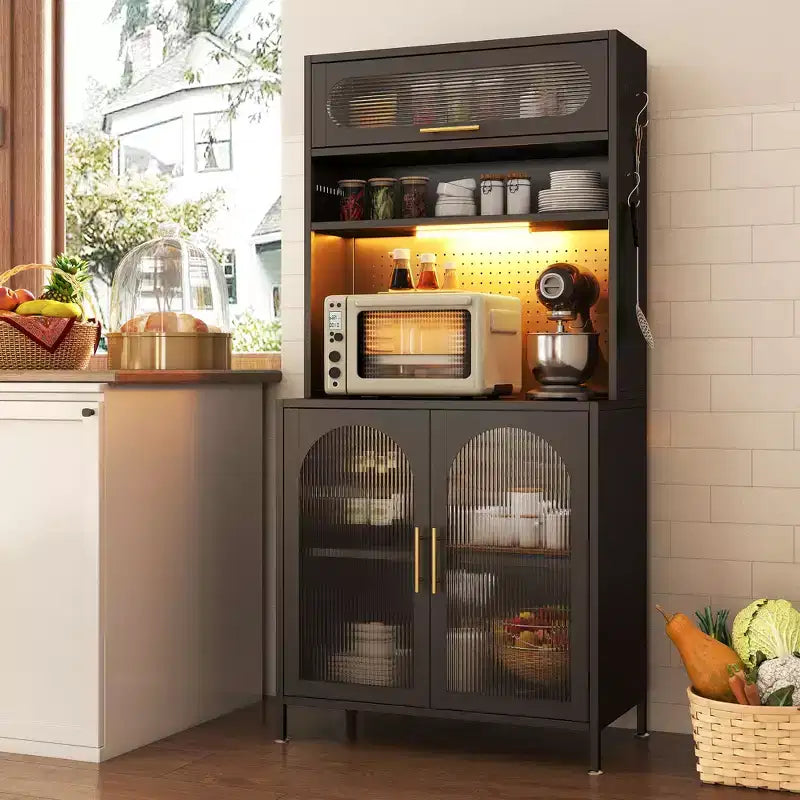 LED-Lit 66" Metal Kitchen Pantry Cabinet, 5-Tier Food Storage with Adjustable Shelves & Hutch Rack