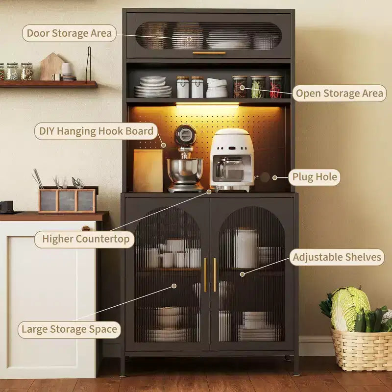 LED-Lit 66" Metal Kitchen Pantry Cabinet, 5-Tier Food Storage with Adjustable Shelves & Hutch Rack