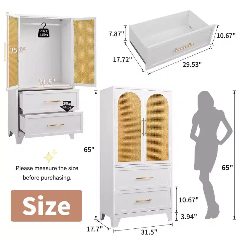 65" Rattan Armoire Wardrobe Closet with 2 Drawers, 2 Doors, Hanging Rod, White
