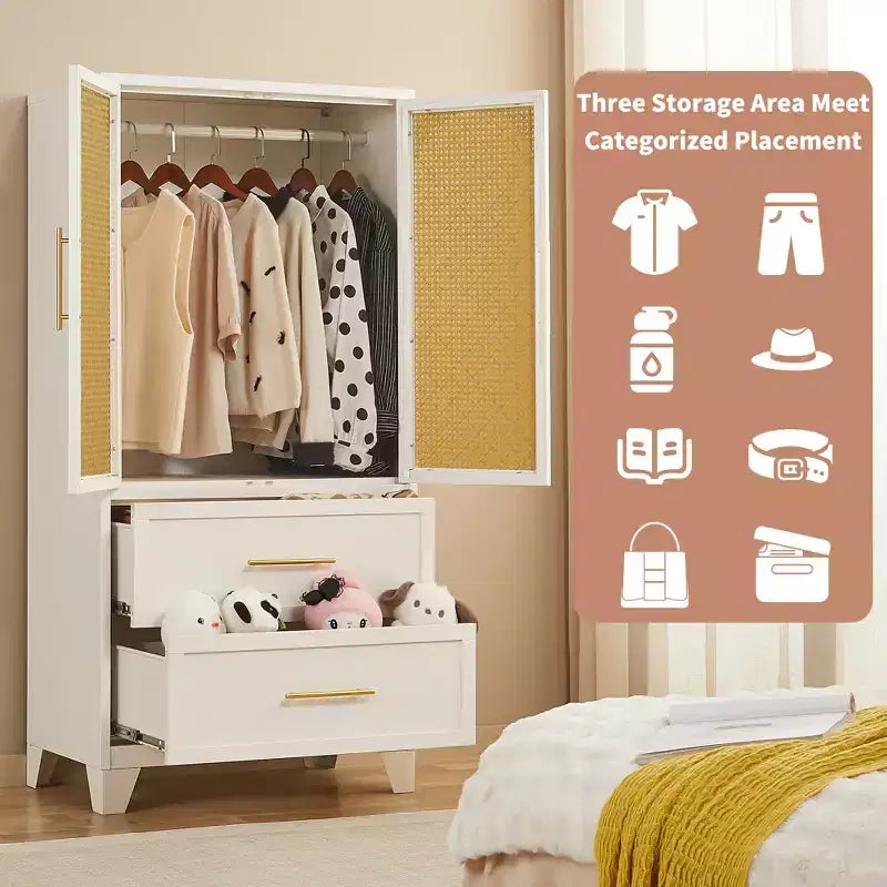 65" Rattan Armoire Wardrobe Closet with 2 Drawers, 2 Doors, Hanging Rod, White