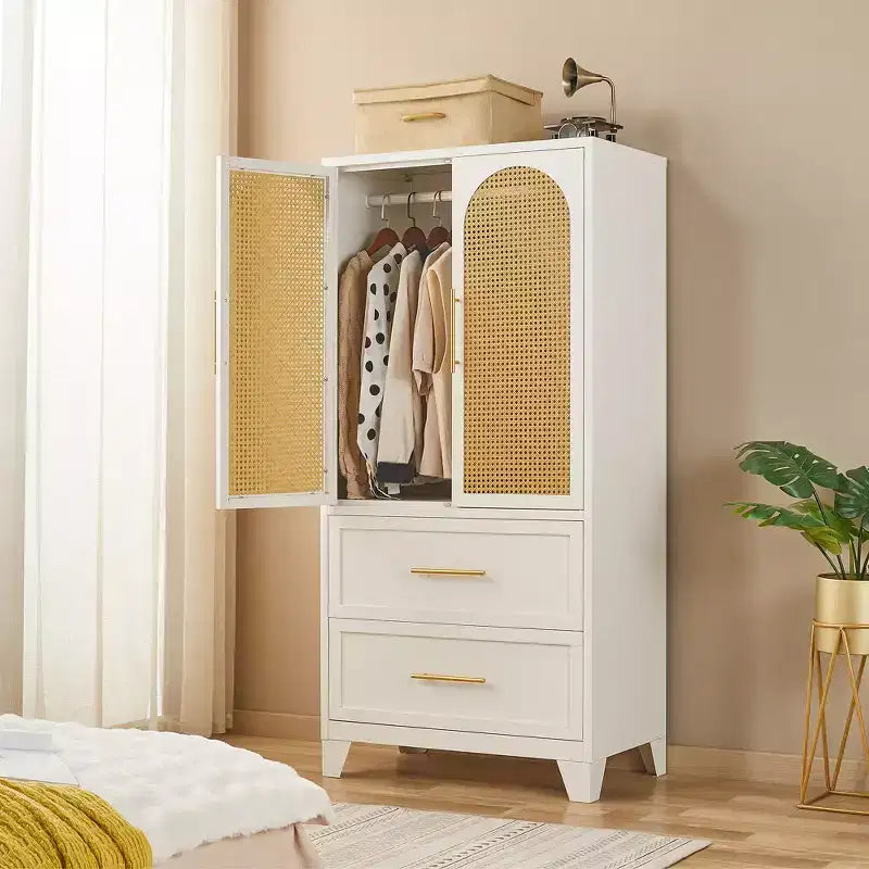 65" Rattan Armoire Wardrobe Closet with 2 Drawers, 2 Doors, Hanging Rod, White