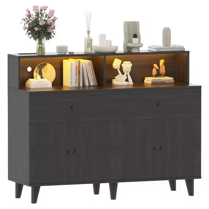 51 in Storage Cabinet with Power Outlets, Wood Coffee Bar Station Table with Drawers and Adjustable Shelves