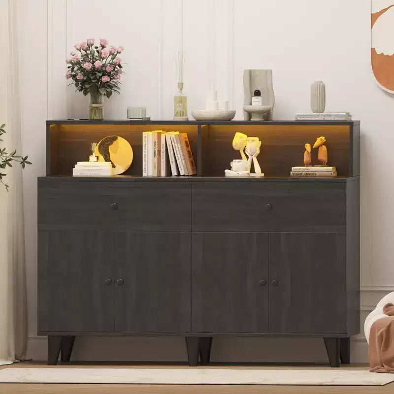 51 in Storage Cabinet with Power Outlets, Wood Coffee Bar Station Table with Drawers and Adjustable Shelves