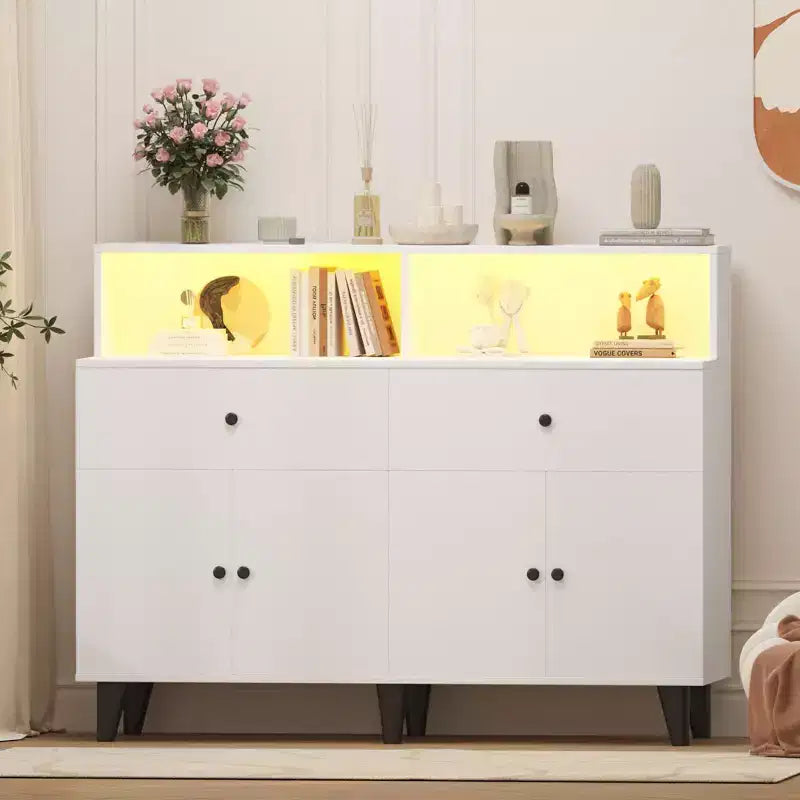 51 in Storage Cabinet with Power Outlets, Wood Coffee Bar Station Table with Drawers and Adjustable Shelves